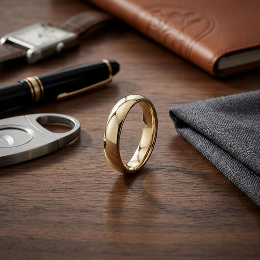 5mm Slightly Domed Comfort-Fit Wedding Band in 18K Yellow Gold, on walnut surface with pocket square