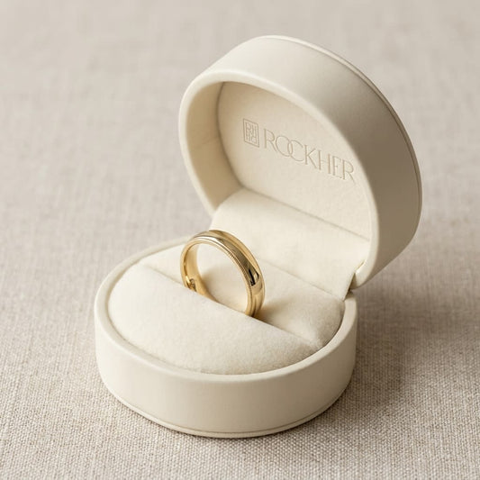4mm Slightly Domed Milgrain Comfort-Fit Wedding Band in 18K Yellow Gold, in navy velvet jewelry box
