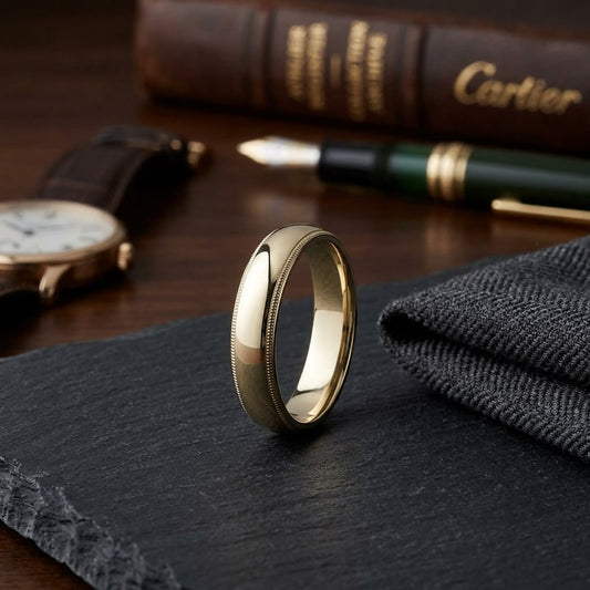 5mm Slightly Domed Milgrain Comfort-Fit Wedding Band in 18K Yellow Gold, on walnut surface with pocket square