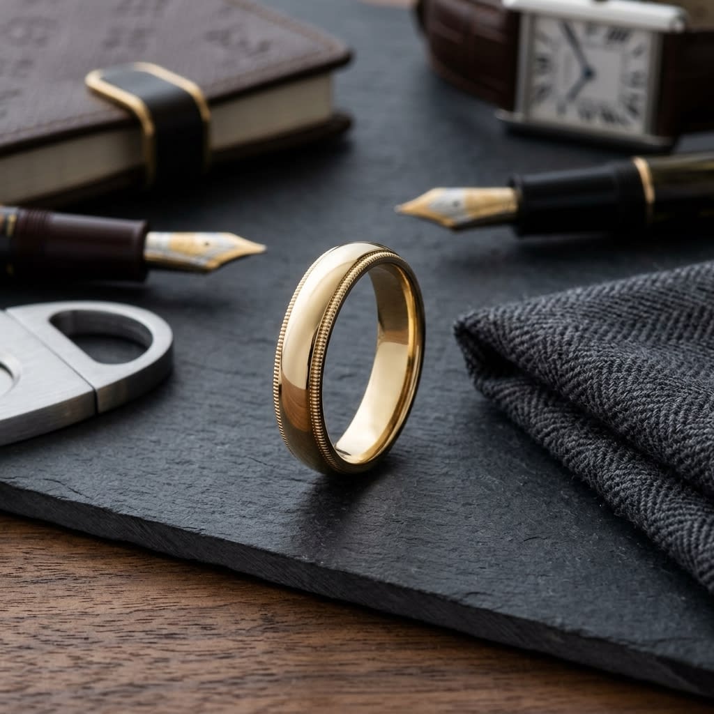 5mm Slightly Domed Double Milgrain Comfort-Fit Wedding Band in 18K Yellow Gold, on walnut surface with pocket square