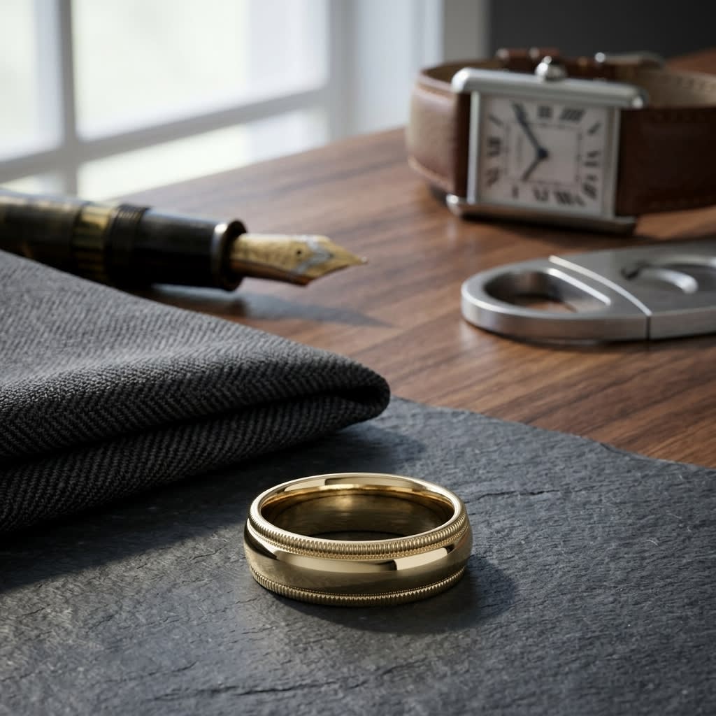 6mm Slightly Domed Double Milgrain Comfort-Fit Wedding Band in 18K Yellow Gold, on walnut surface with pocket square