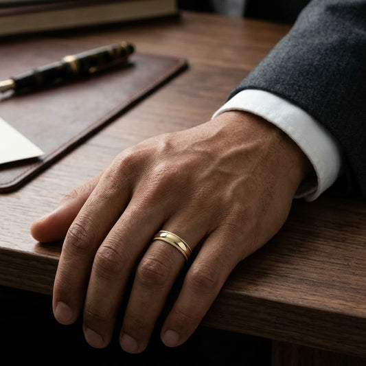7mm Slightly Domed Double Milgrain Comfort-Fit Wedding Band in 18K Yellow Gold, worn on hand, masculine full view