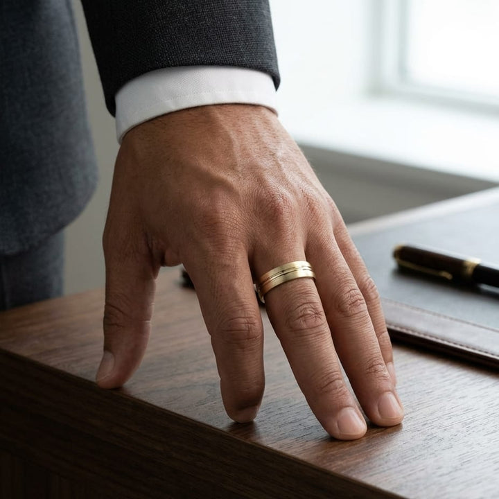 6mm Satin Finish High Polished Center Cut Carved Wedding Band in 18K Yellow Gold, worn on hand, masculine full view