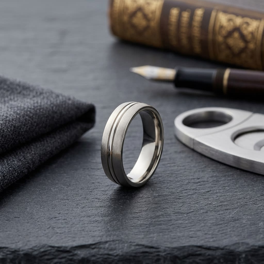 6mm Satin Finish High Polished Center Cut Carved Wedding Band in 18K Yellow Gold, on walnut surface with pocket square