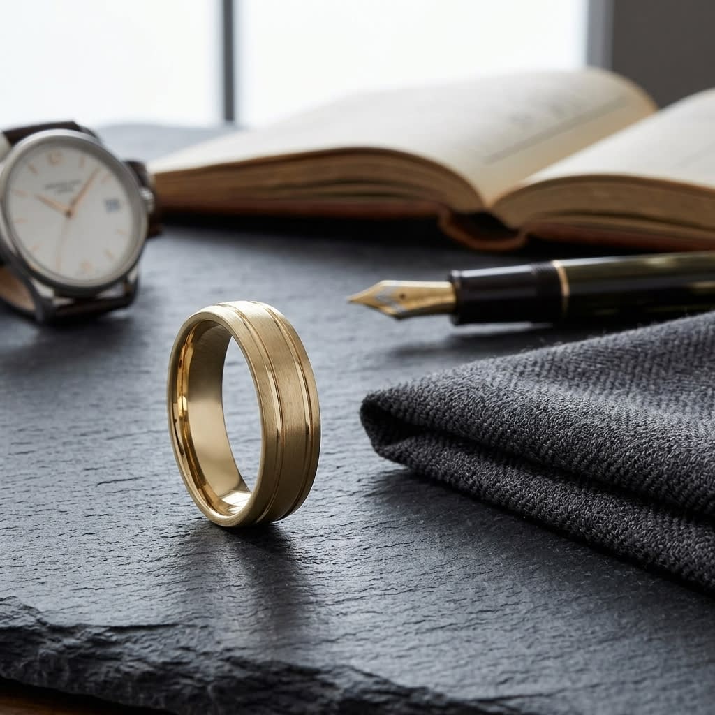 6mm Satin Finish Parallel Groove Carved Wedding Band in 18K Yellow Gold, on walnut surface with pocket square