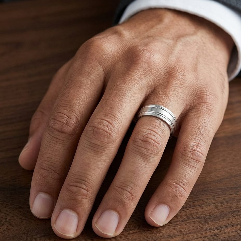 7mm Satin Finish Parallel Groove Carved Wedding Band in 18K Yellow Gold, worn on hand, masculine close-up