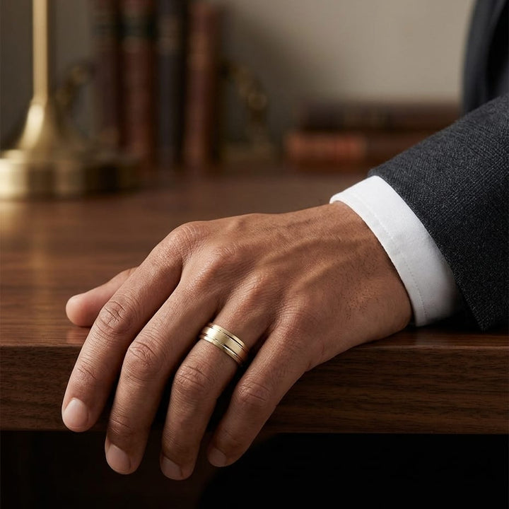 7mm Satin Finish Parallel Groove Carved Wedding Band in 18K Yellow Gold, worn on hand, masculine full view