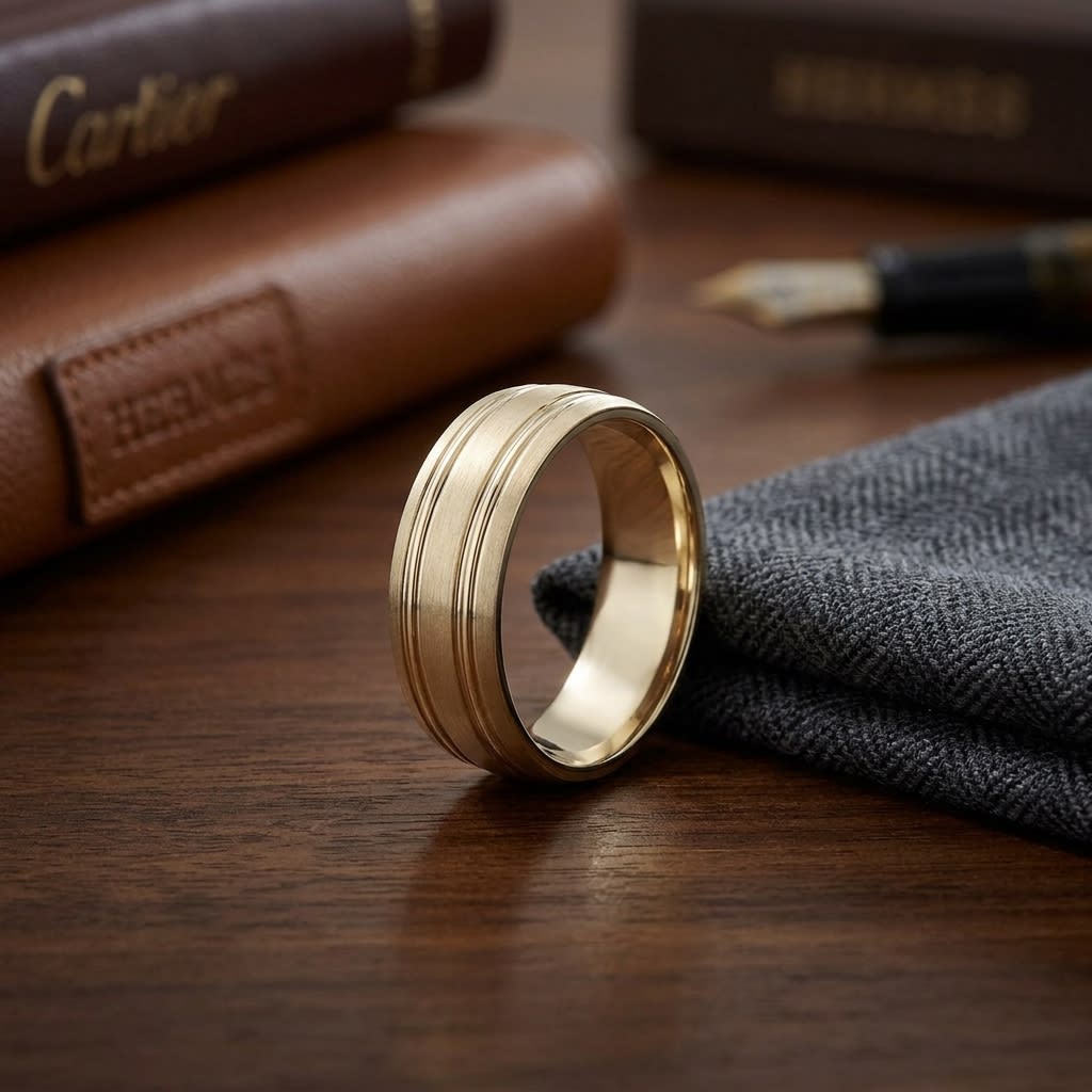 7mm Satin Finish Parallel Groove Carved Wedding Band in 18K Yellow Gold, on walnut surface with pocket square