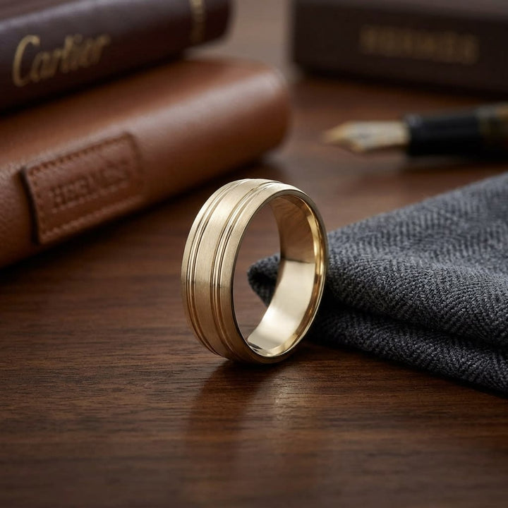 7mm Satin Finish Parallel Groove Carved Wedding Band in 18K Yellow Gold, on walnut surface with pocket square