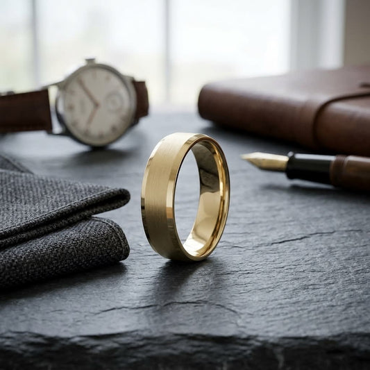 6mm Satin Finish High Polished Beveled Edge Carved Wedding Band in 18K Yellow Gold, on walnut surface with pocket square