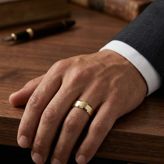 7mm Satin Finish High Polished Beveled Edge Carved Wedding Band in 18K Yellow Gold, worn on hand, masculine full view