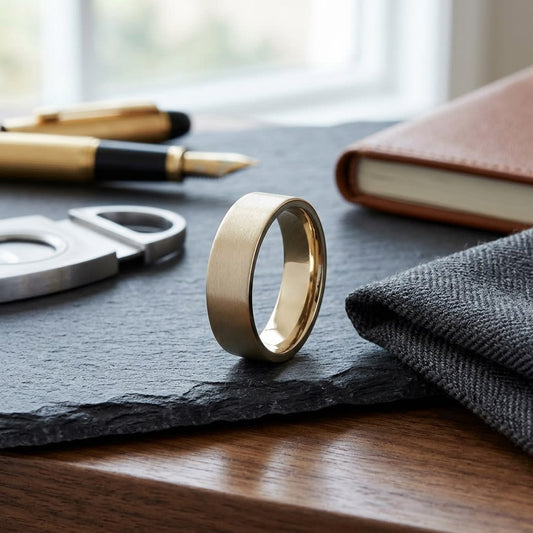 6mm Satin Finish Carved Wedding Band in 18K Yellow Gold, on walnut surface with pocket square