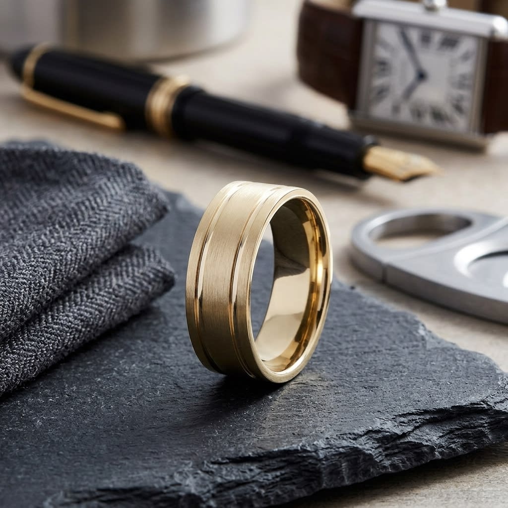 8mm Satin Finish Parallel Groove Carved Wedding Band in 18K Yellow Gold, on walnut surface with pocket square