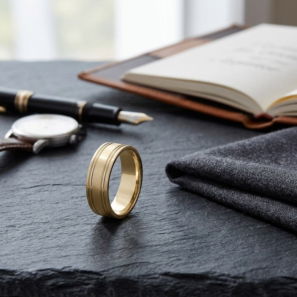 7mm Satin Finish Parallel Groove Carved Wedding Band in 18K Yellow Gold, on walnut surface with pocket square