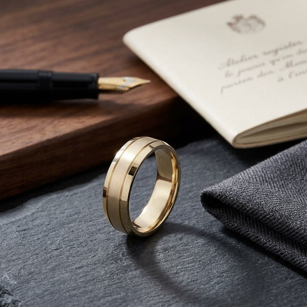 6mm Satin Finish High Polished Beveled Edge Carved Wedding Band in 18K Yellow Gold, on walnut surface with pocket square