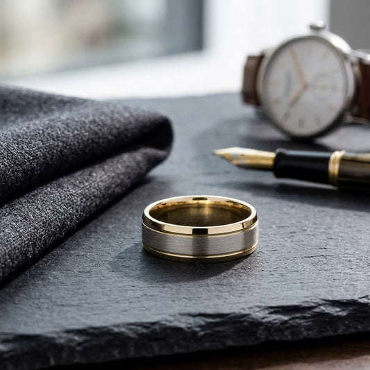7mm Satin Finish High Polished Beveled Edge Carved Wedding Band in 18K Yellow Gold, on walnut surface with pocket square