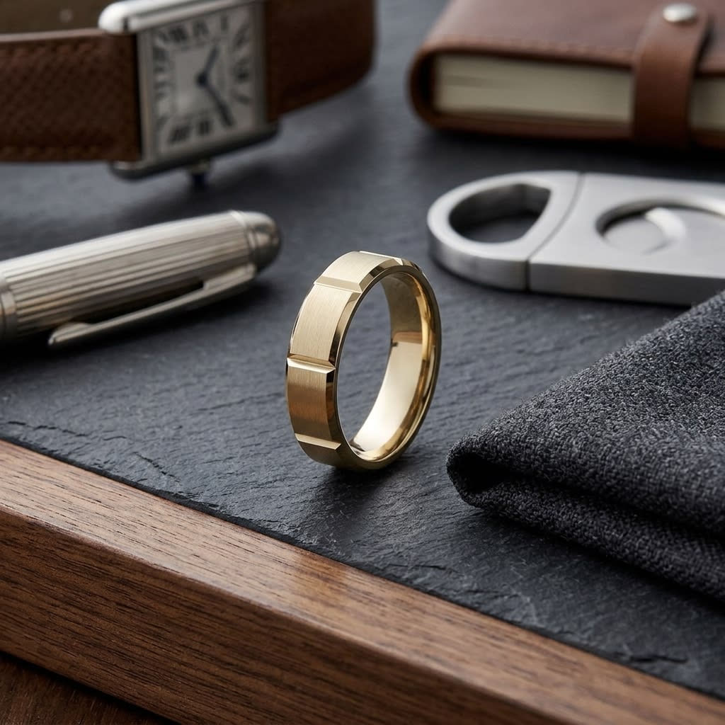 6mm Satin Finish Grooves Carved Wedding Band in 18K Yellow Gold, on walnut surface with pocket square