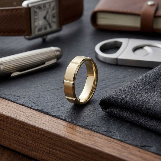 6mm Satin Finish Grooves Carved Wedding Band in 18K Yellow Gold, on walnut surface with pocket square