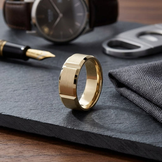 8mm Satin Finish Grooves Carved Wedding Band in 18K Yellow Gold, on walnut surface with pocket square