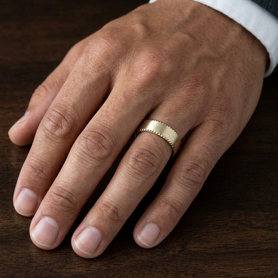 7.5mm Satin Finish Carved Wedding Band in 18K Yellow Gold, worn on hand, masculine close-up