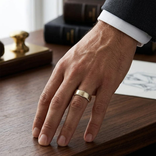 7.5mm Satin Finish Carved Wedding Band in 18K Yellow Gold, worn on hand, masculine full view