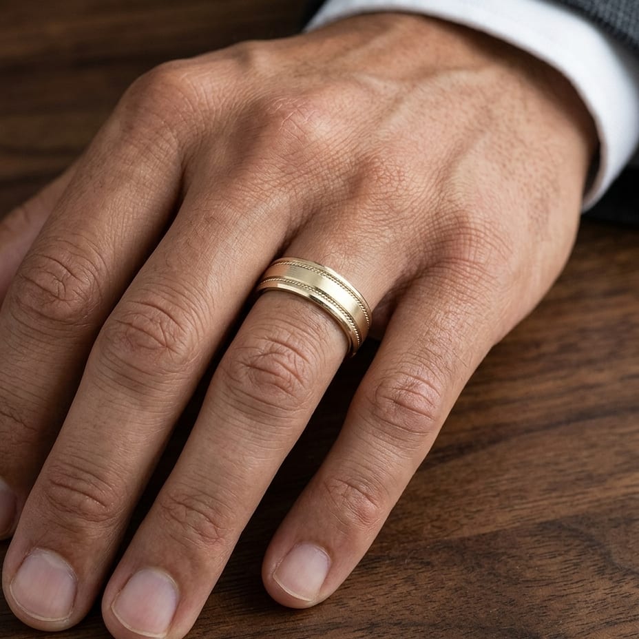 7.5mm Satin Finish Rope Carved Wedding Band in 18K Yellow Gold, worn on hand, masculine close-up