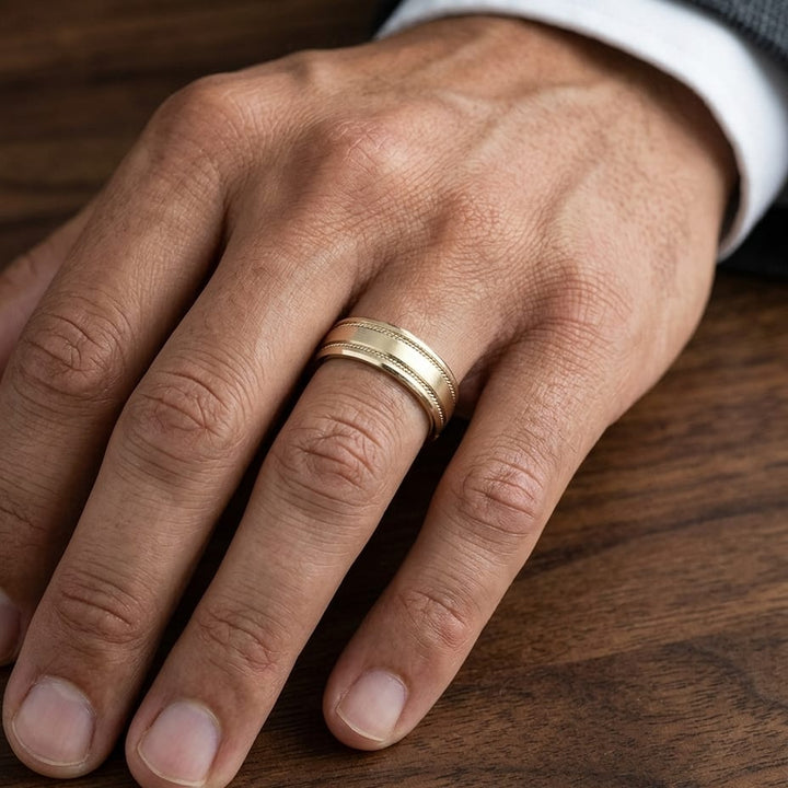 7.5mm Satin Finish Rope Carved Wedding Band in 18K Yellow Gold, worn on hand, masculine close-up
