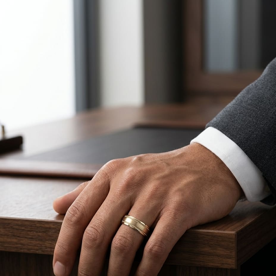 7.5mm Satin Finish Rope Carved Wedding Band in 18K Yellow Gold, worn on hand, masculine full view