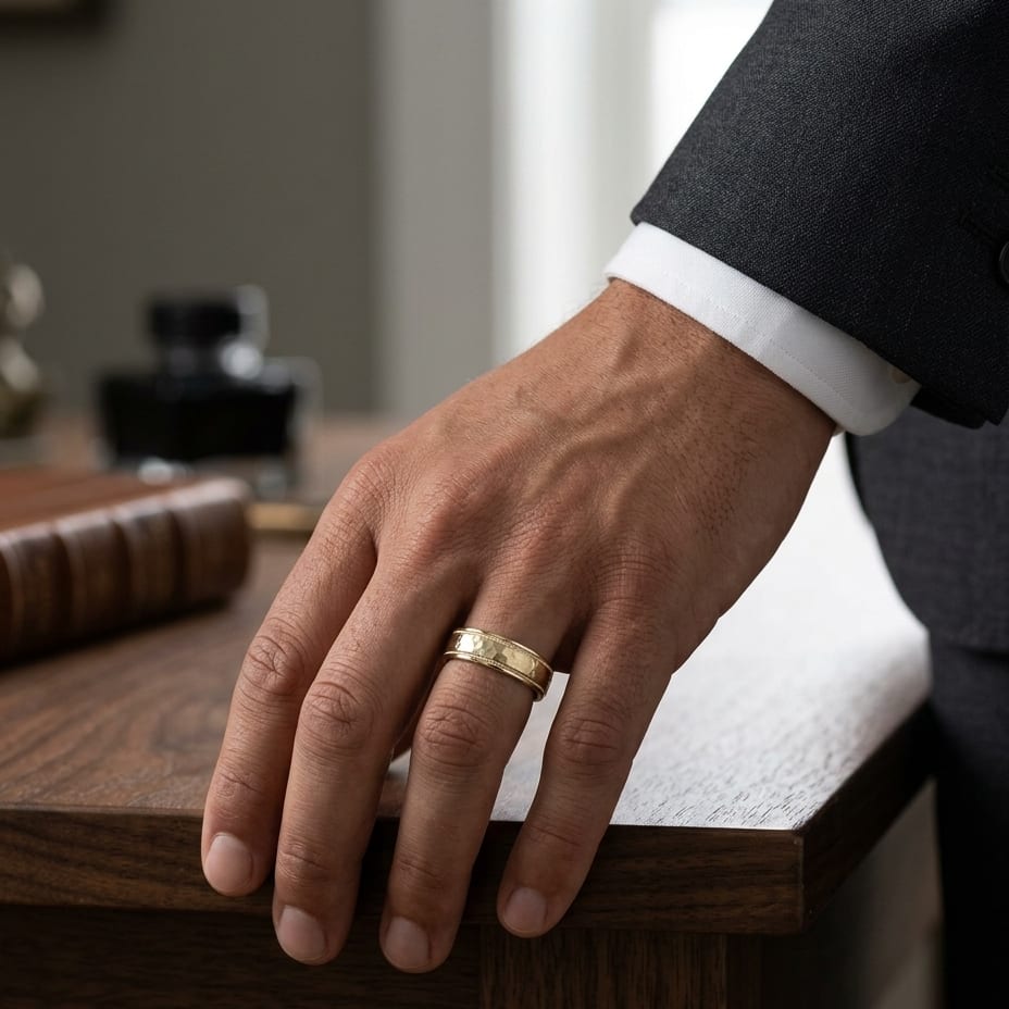 6mm Hammered Center High Polish Round Edge Carved Wedding Band in 18K Yellow Gold, worn on hand, masculine full view
