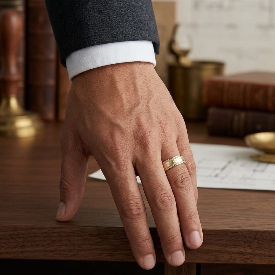 8mm Hammered Center High Polish Round Edge Carved Wedding Band in 18K Yellow Gold, worn on hand, masculine full view