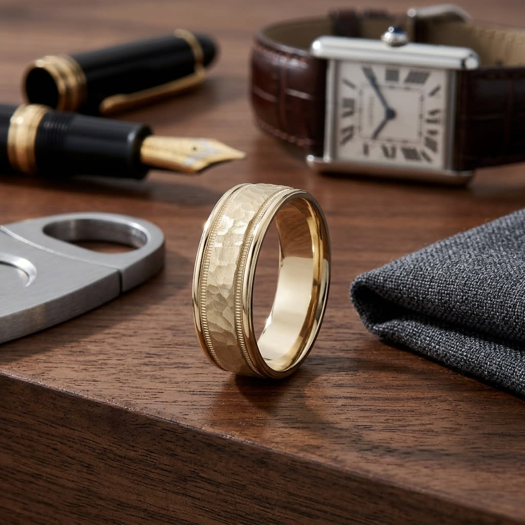 8mm Hammered Center High Polish Round Edge Carved Wedding Band in 18K Yellow Gold, on walnut surface with pocket square