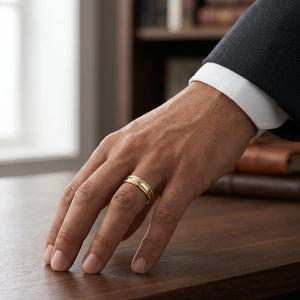 6mm High Polish Milgrain Round Edge Carved Wedding Band in 18K Yellow Gold, worn on hand, masculine full view