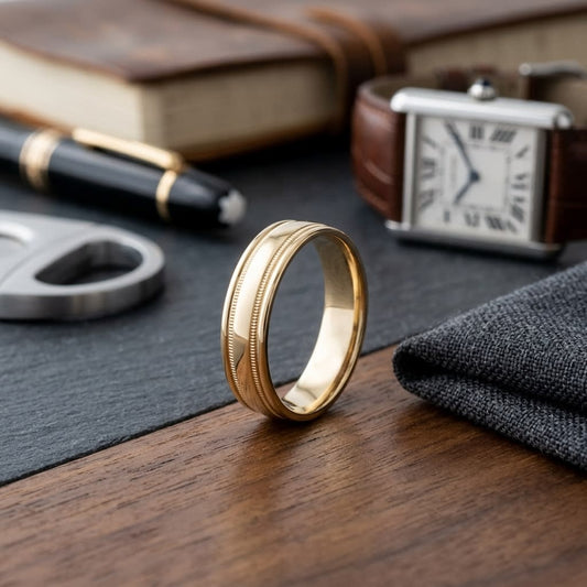 6mm High Polish Milgrain Round Edge Carved Wedding Band in 18K Yellow Gold, on walnut surface with pocket square