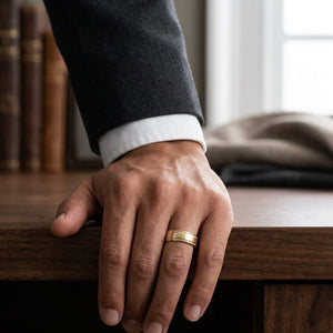 8mm Satin Finish Milgrain Round Edge Carved Wedding Band in 18K Yellow Gold, worn on hand, masculine full view