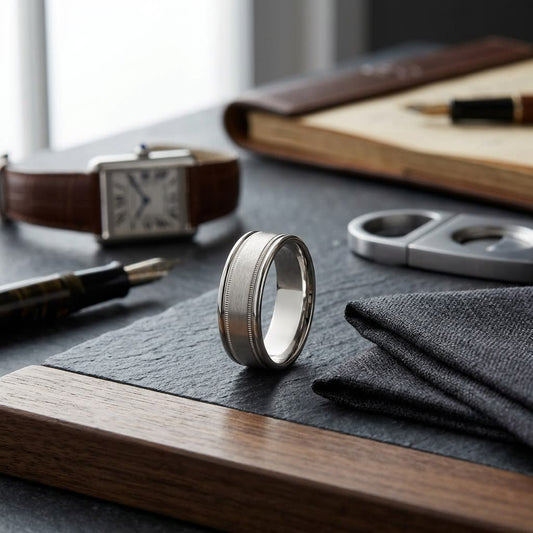 8mm Satin Finish Milgrain Round Edge Carved Wedding Band in 18K Yellow Gold, on walnut surface with pocket square
