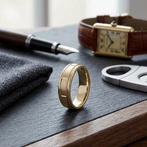 6mm Satin Finish High Polished Center Cut Carved Wedding Band in 18K Yellow Gold, on walnut surface with pocket square