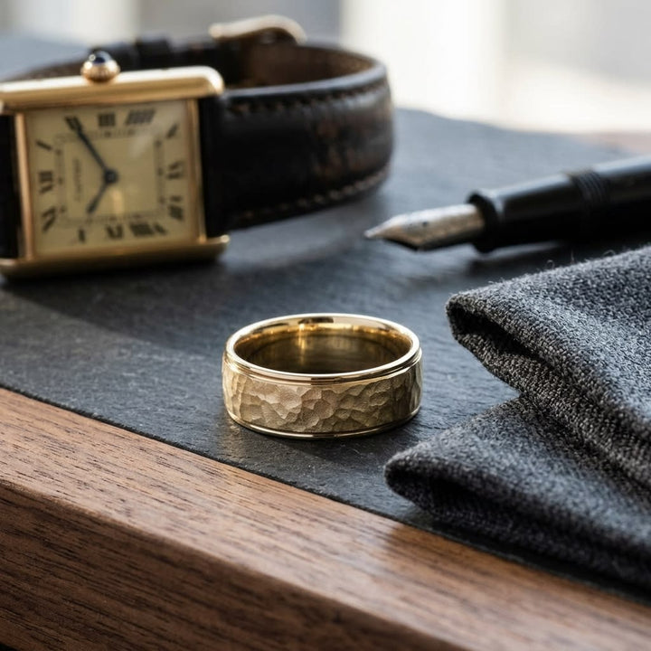 8mm Hammered Finish Carved Wedding Band in 18K Yellow Gold, on walnut surface with pocket square