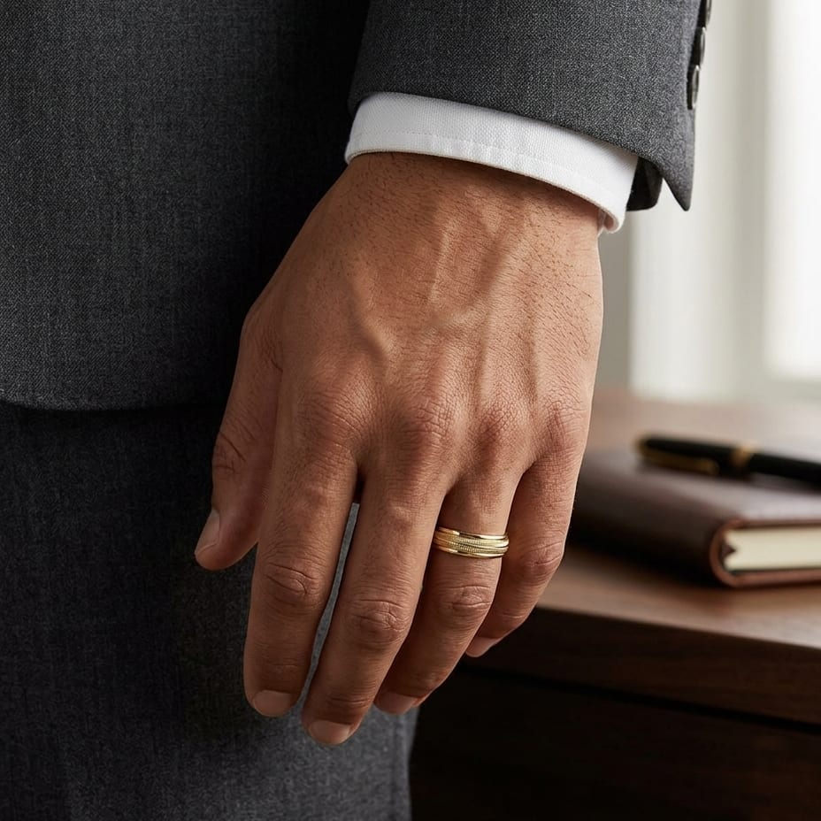 6mm High Polish Milgrain Round Edge Carved Wedding Band in 18K Yellow Gold, worn on hand, masculine full view