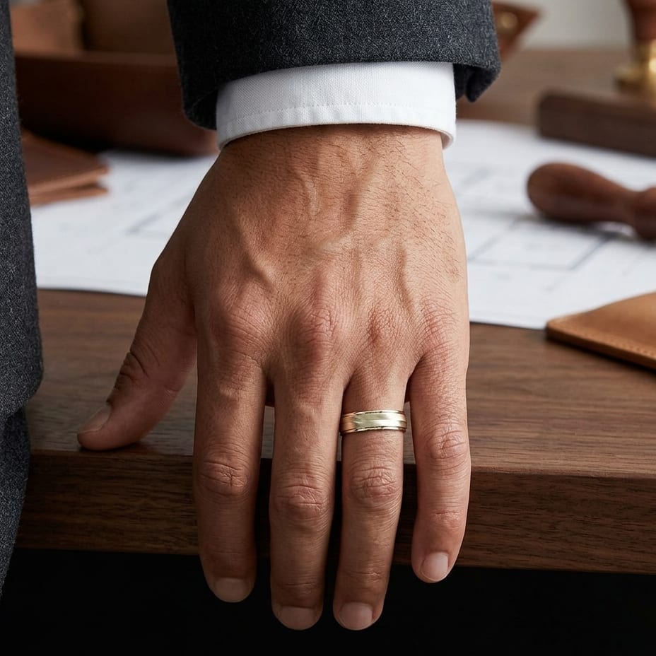 6mm High Polish Round Edge Carved Wedding Band in 18K Yellow Gold, worn on hand, masculine full view