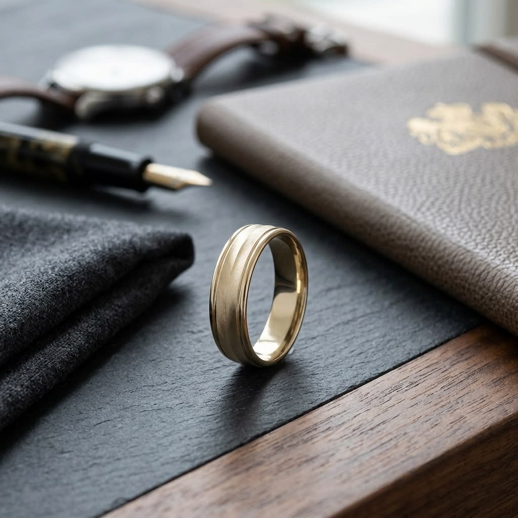 6mm High Polish Round Edge Carved Wedding Band in 18K Yellow Gold, on walnut surface with pocket square