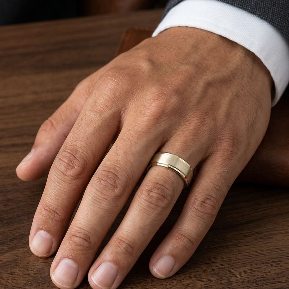 8mm Satin Finish High Polished Beveled Edge Carved Wedding Band in 18K Yellow Gold, worn on hand, masculine close-up
