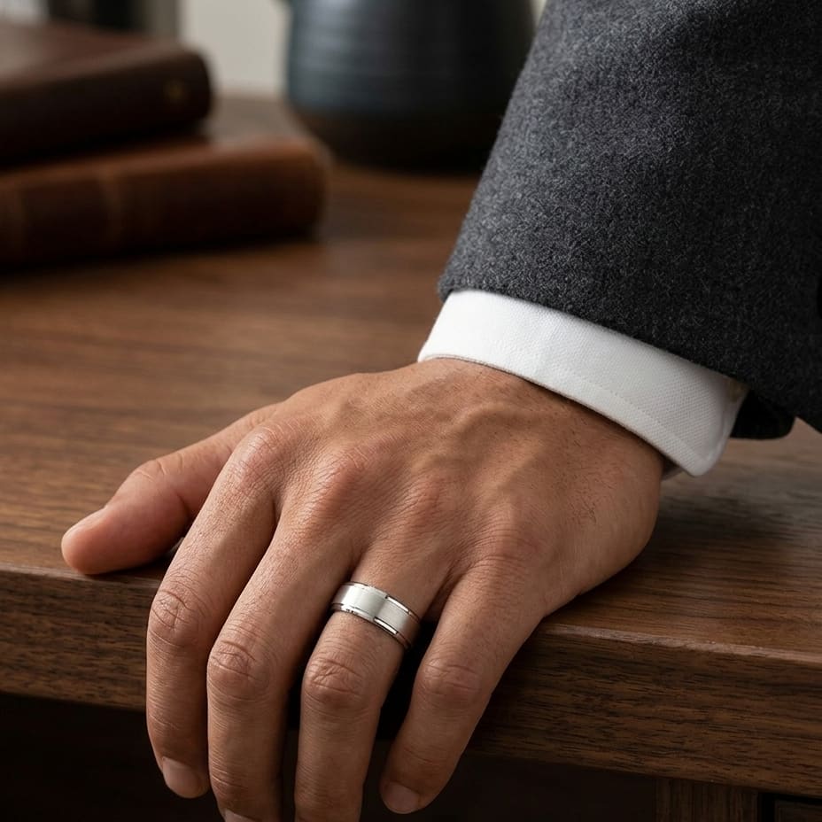 8mm Satin Finish High Polished Beveled Edge Carved Wedding Band in 18K Yellow Gold, worn on hand, masculine full view