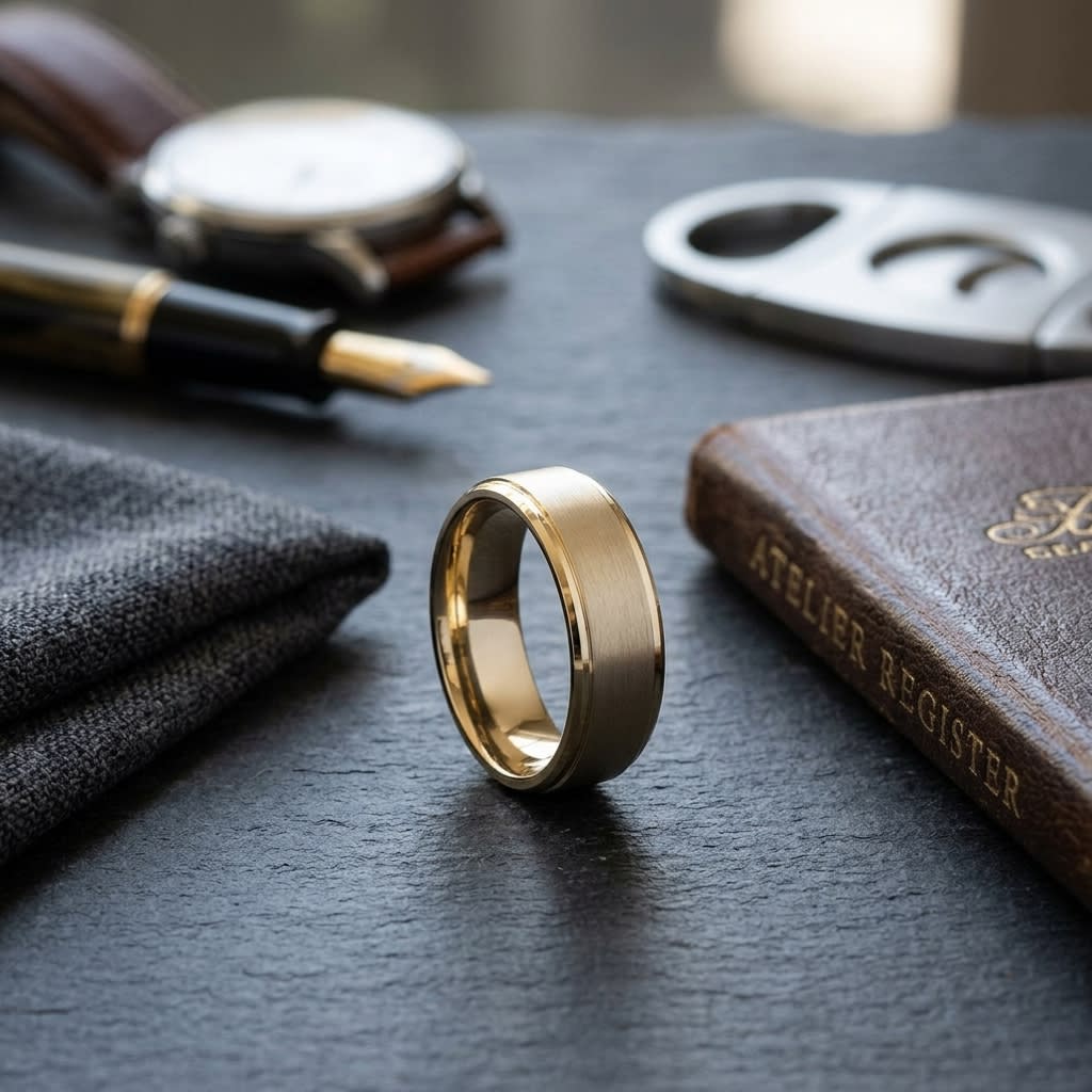 8mm Satin Finish High Polished Beveled Edge Carved Wedding Band in 18K Yellow Gold, on walnut surface with pocket square