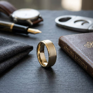 8mm Satin Finish High Polished Beveled Edge Carved Wedding Band in 18K Yellow Gold, on walnut surface with pocket square