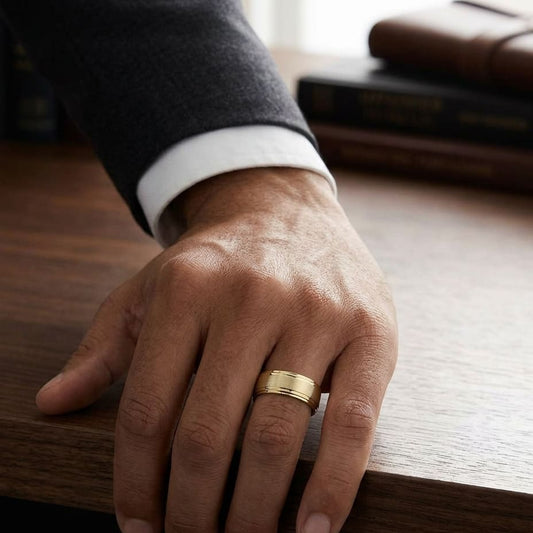 8mm Satin Finish Carved Wedding Band in 18K Yellow Gold, worn on hand, masculine full view
