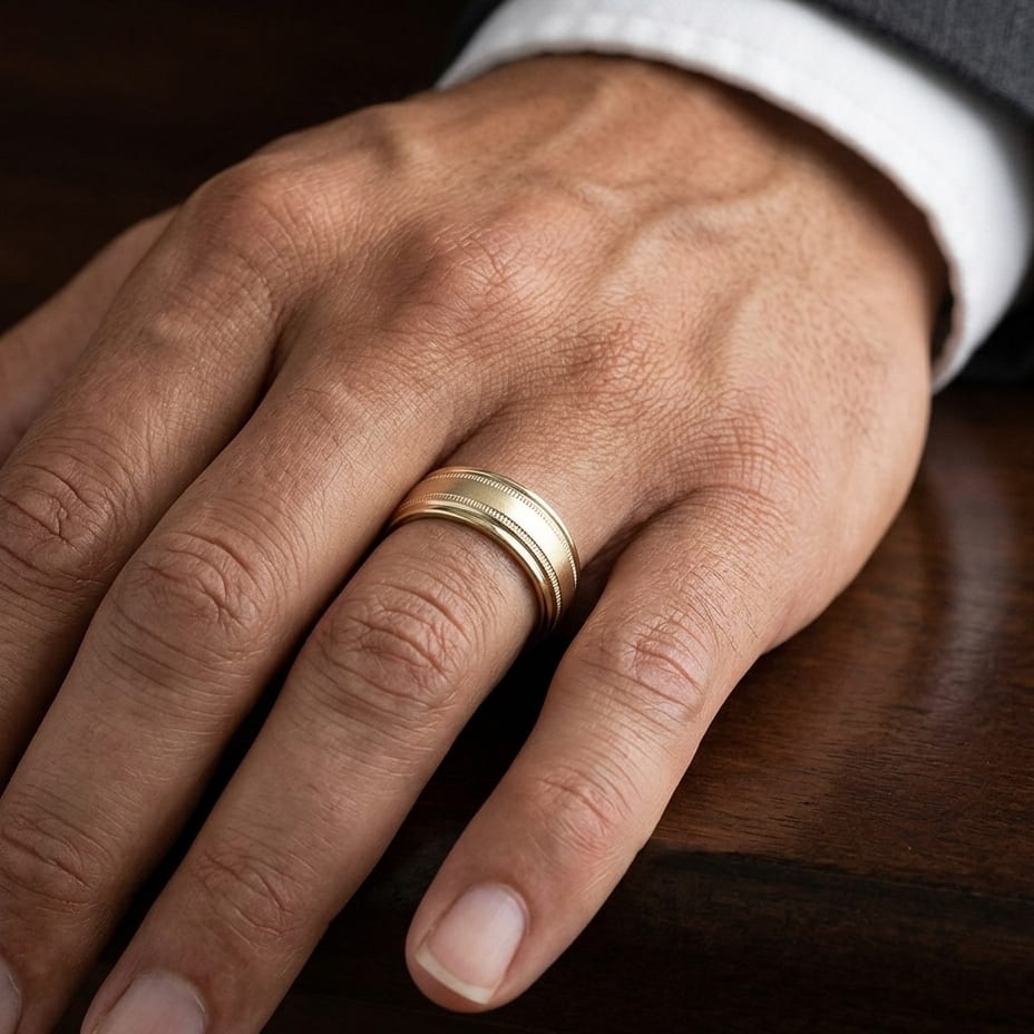 7mm Round Edge Swirl Finish Carved Wedding Band in 18K Yellow Gold, worn on hand, masculine close-up