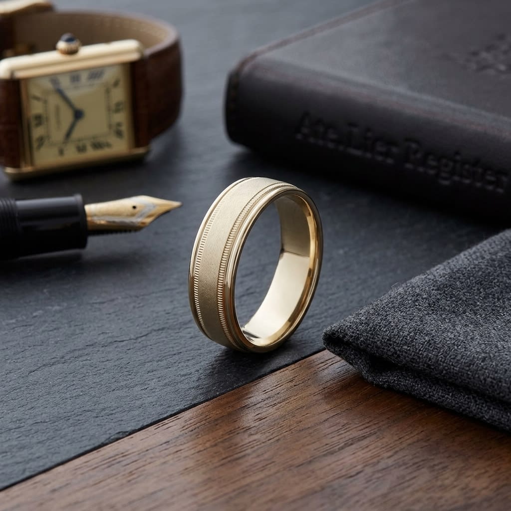 7mm Round Edge Swirl Finish Carved Wedding Band in 18K Yellow Gold, on walnut surface with pocket square
