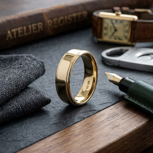 6.5mm Drop Edge High Polish Carved Wedding Band in 18K Yellow Gold, on walnut surface with pocket square