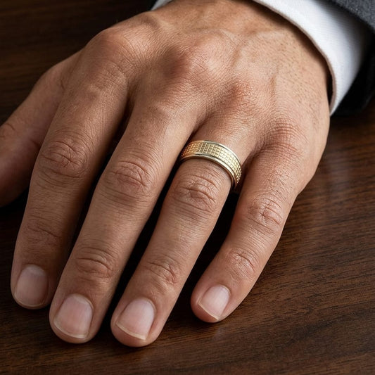 7mm High Polish Cross Hatch Center Carved Wedding Band in 18K Yellow Gold, worn on hand, masculine close-up