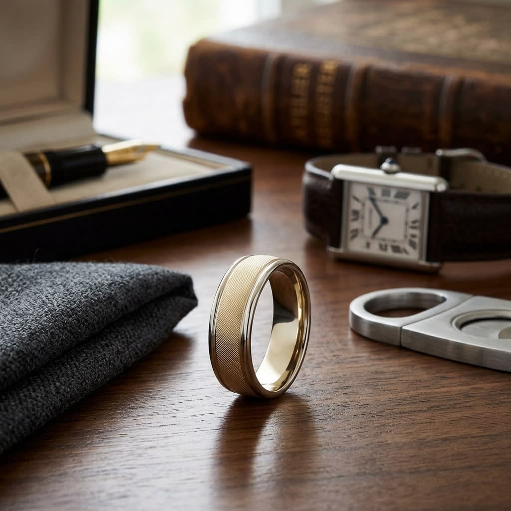 7mm Florentine Center High Polish Round Edge Carved Wedding Band in 18K Yellow Gold, on walnut surface with pocket square